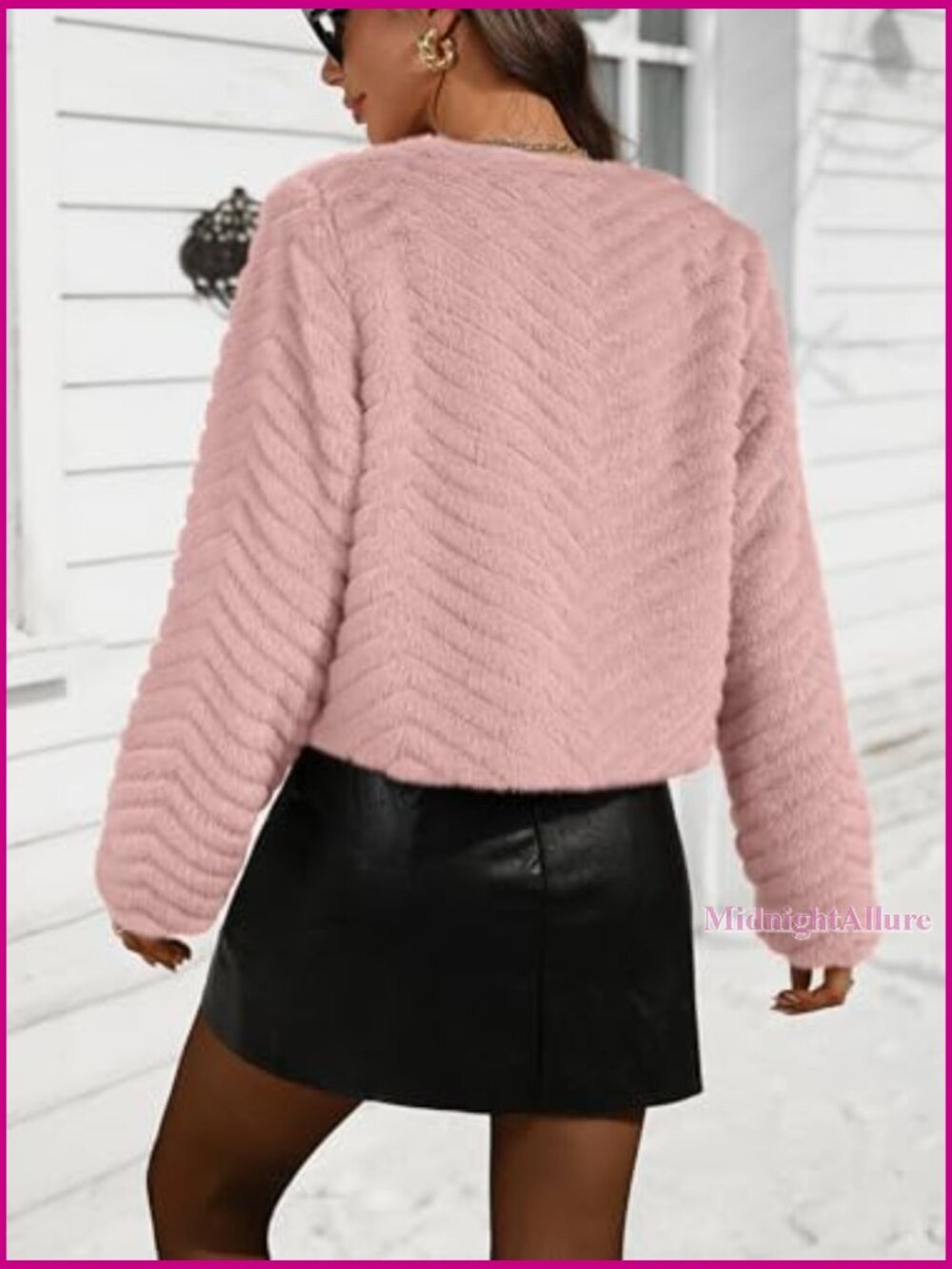 Faux Fur Cropped Jacket Oversize Open Front Long Sleeve with Pockets - Picture 5 of 7
